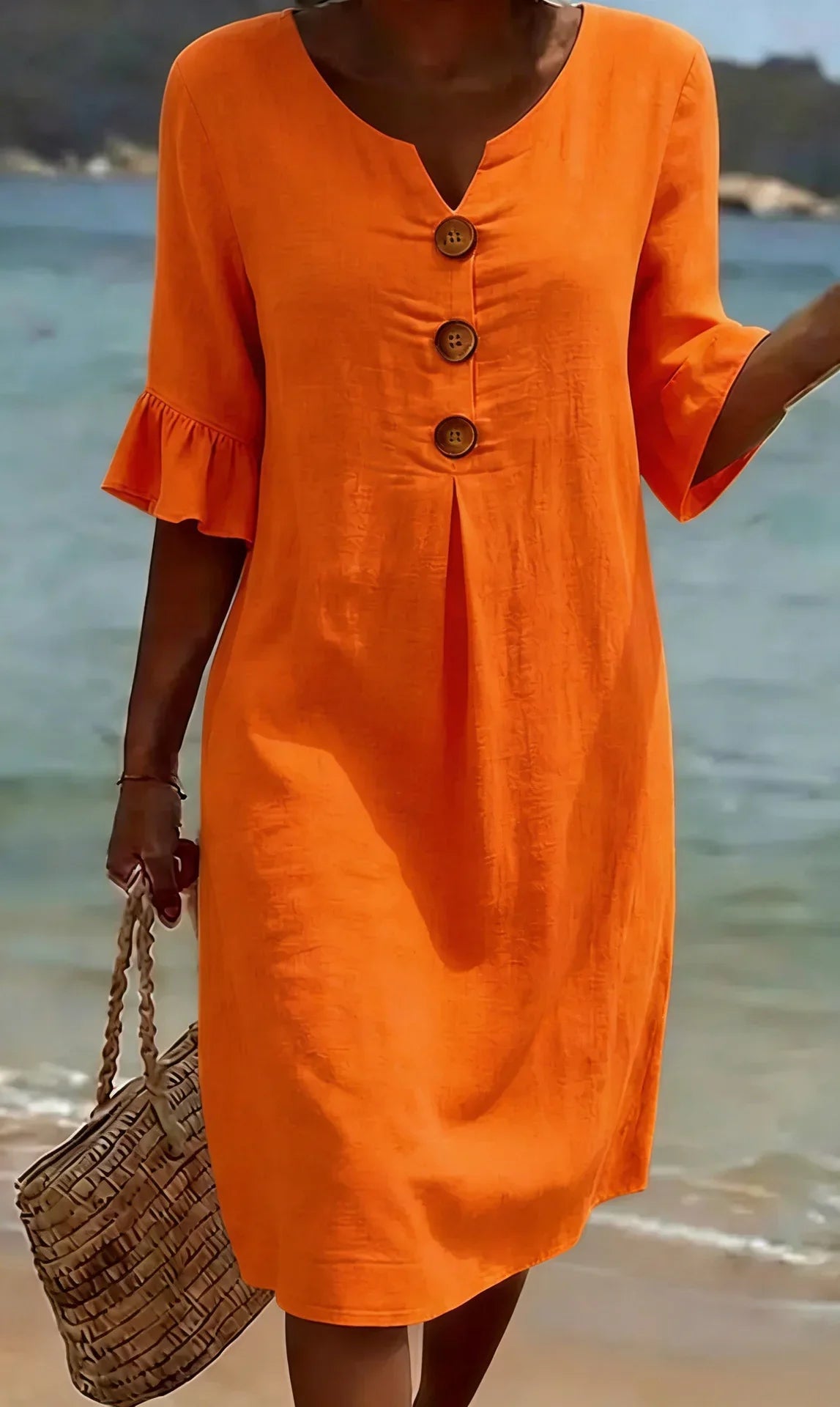 Bárbara | Vestido con textura de lino, manga abullonada y botones