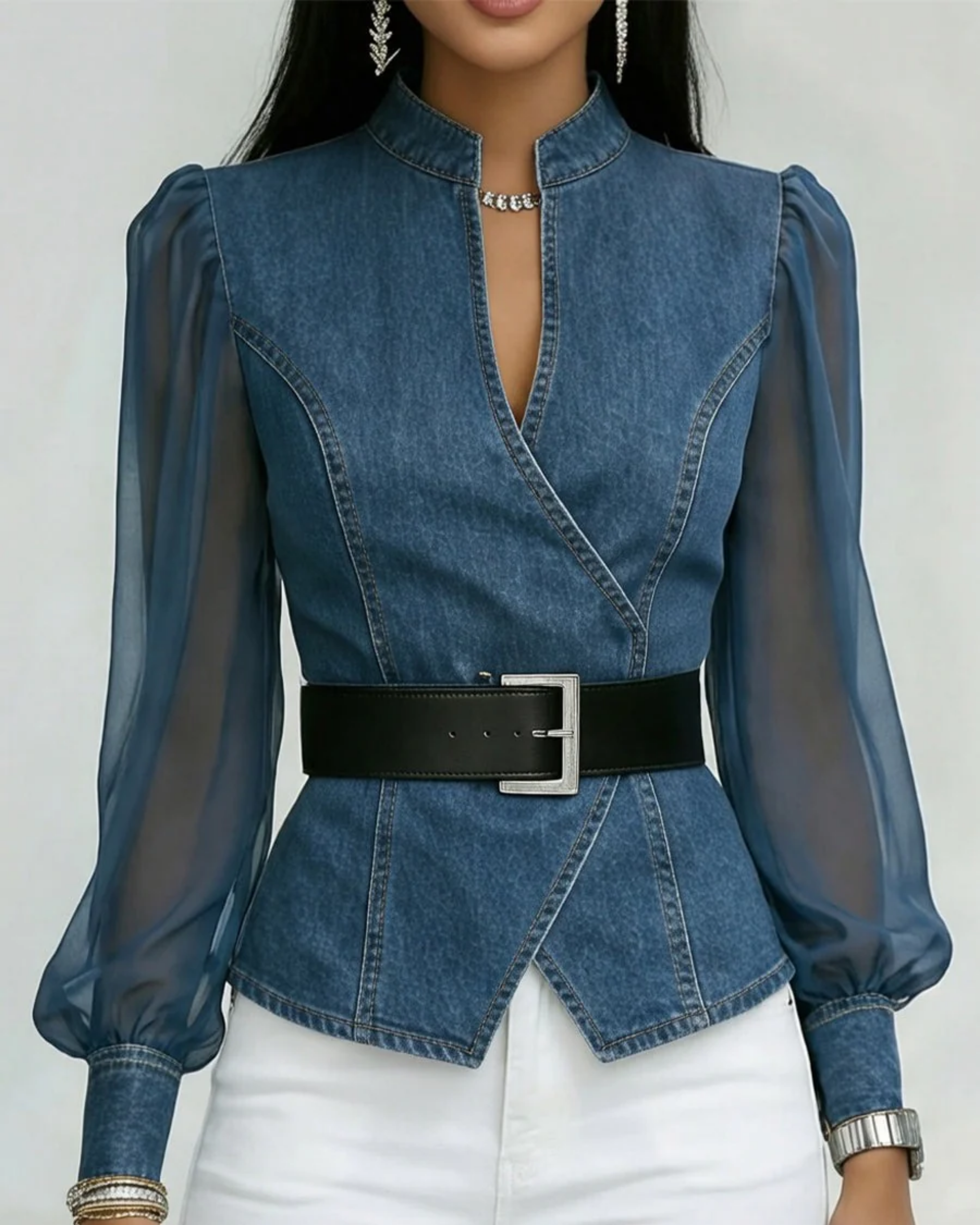 Filippa | Blusa de denim con mangas de gasa ligera