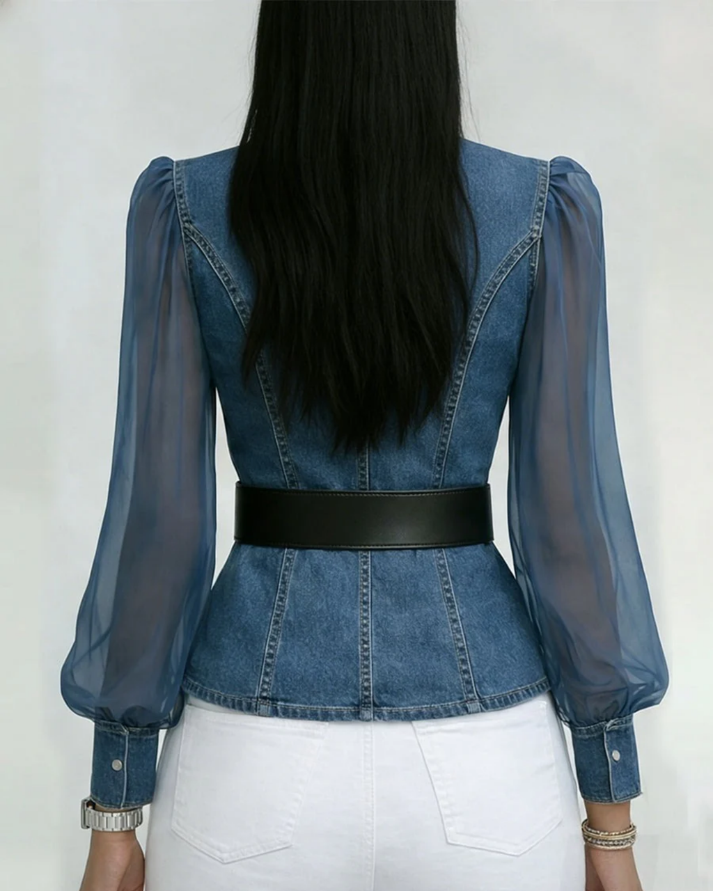 Filippa | Blusa de denim con mangas de gasa ligera