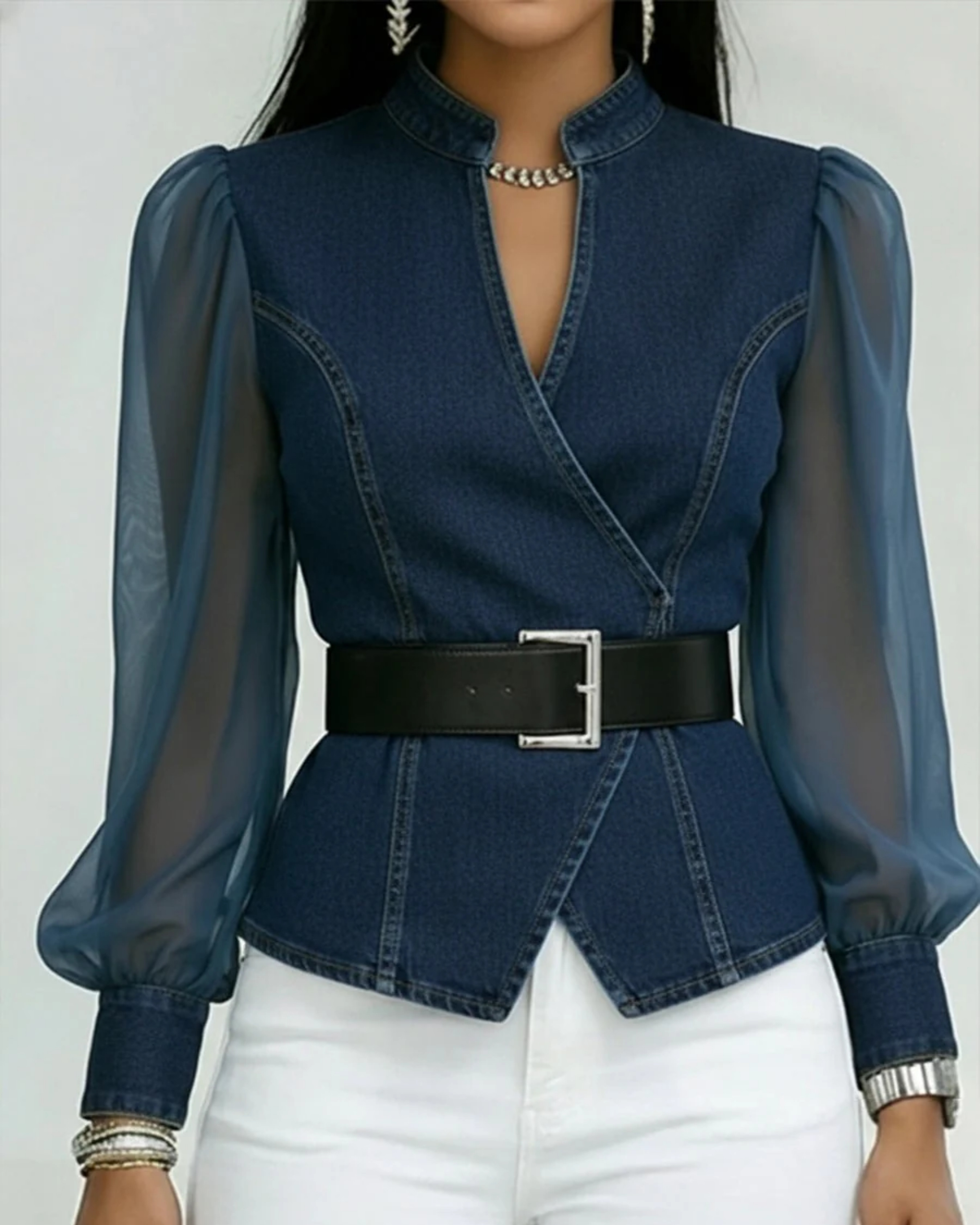 Filippa | Blusa de denim con mangas de gasa ligera