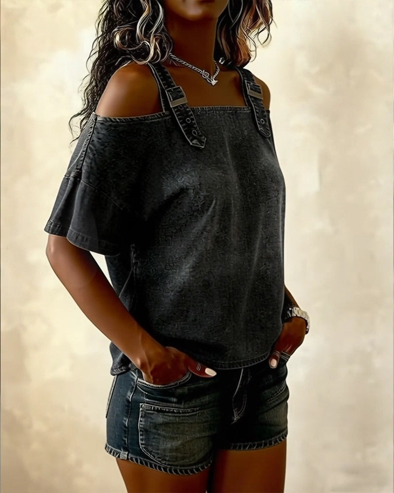 Abril | Blusa con hombros descubiertos y tirantes de denim