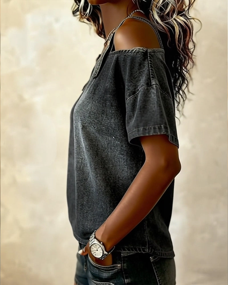 Abril | Blusa con hombros descubiertos y tirantes de denim