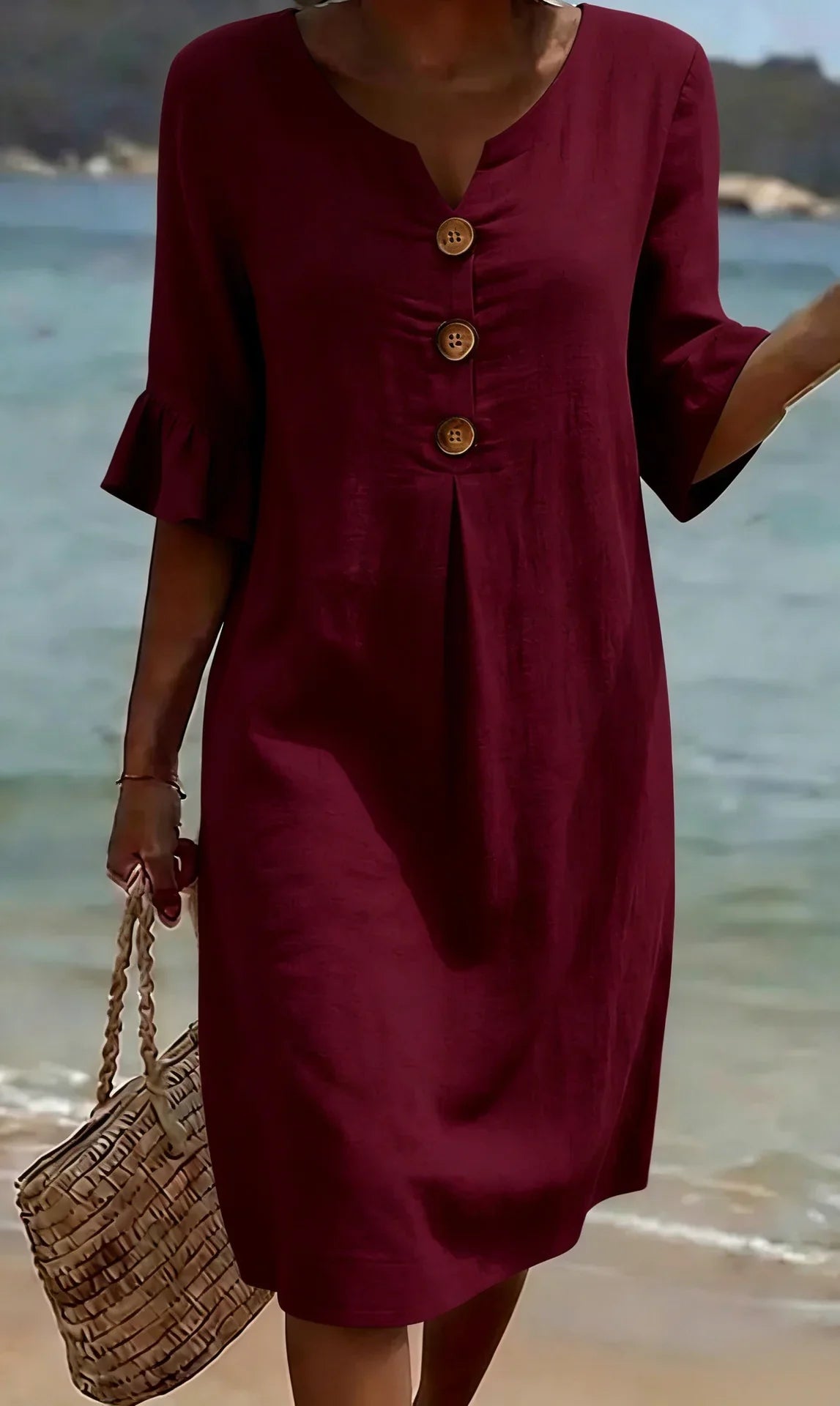 Bárbara | Vestido con textura de lino, manga abullonada y botones