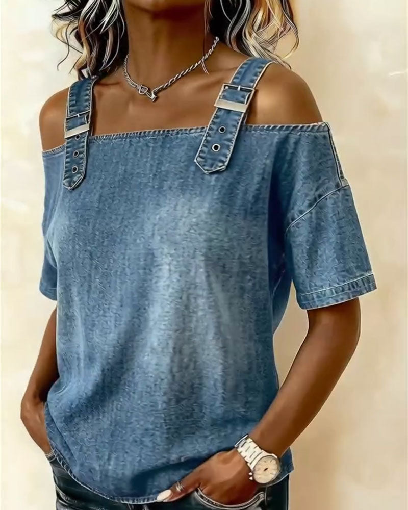 Abril | Blusa con hombros descubiertos y tirantes de denim