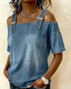Abril | Blusa con hombros descubiertos y tirantes de denim