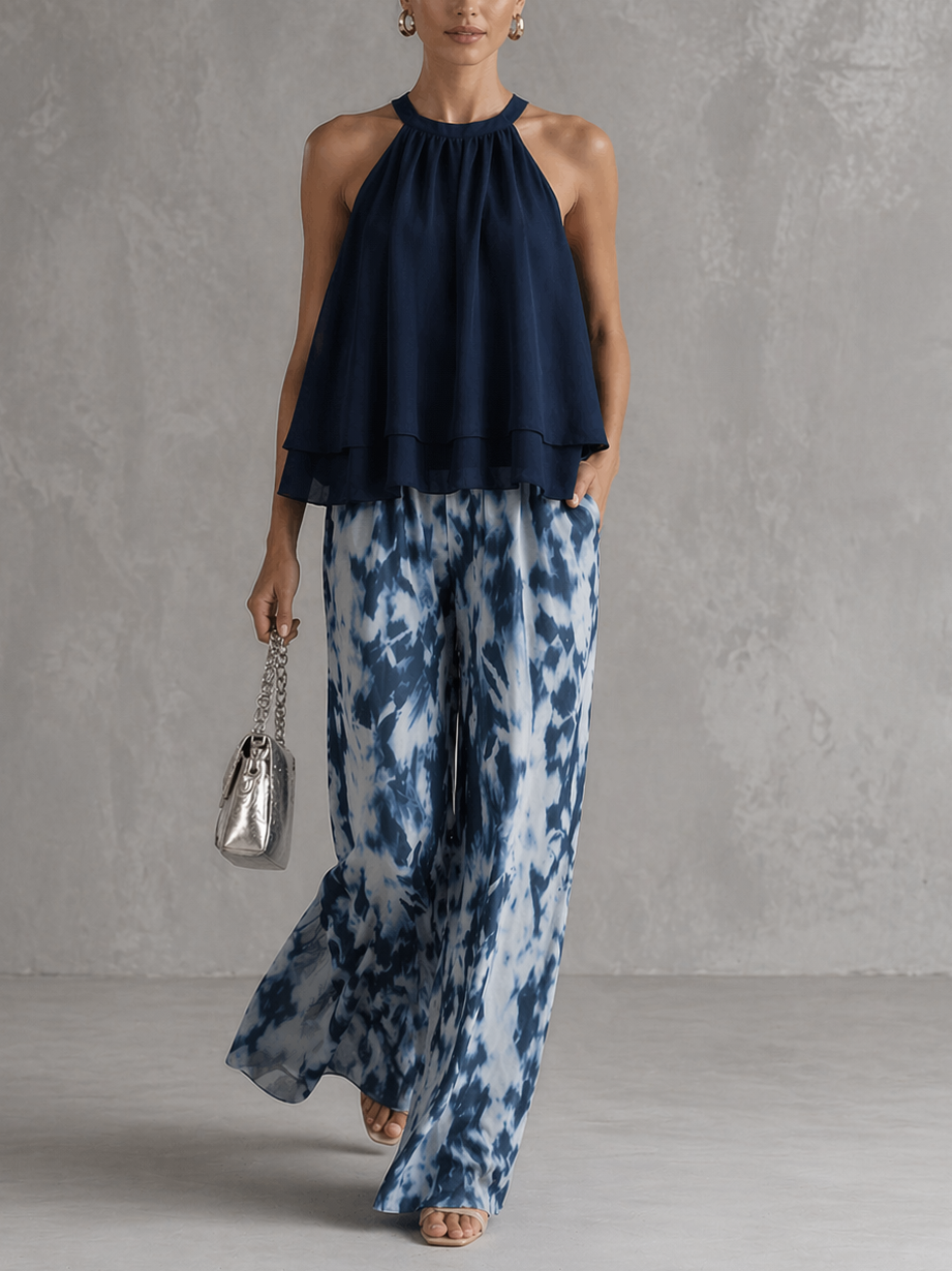 Olimpia | Elegante conjunto con top sin mangas y pantalones anchos estampados