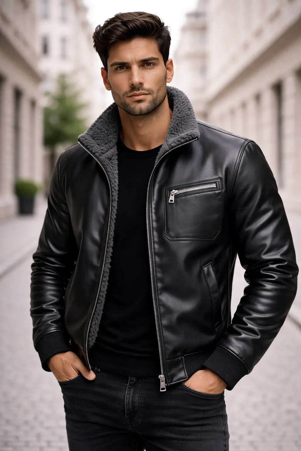 Iván | CHAQUETA DE CUERO NEGRO CON FORRO DE SHERPA