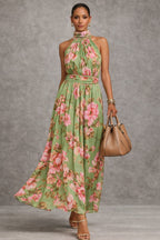 Flor | Vestido largo verde con estampado floral de gasa y cuello halter