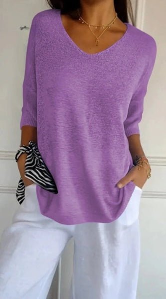 Hannah™ | Einfarbige Strickdamenbluse mit 3/4 - Ärmeln und V - Ausschnitt. - Street Atelier