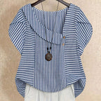 Iria | Blusa de Rayas Azul con Escote Asimétrico y Botones Decorativos