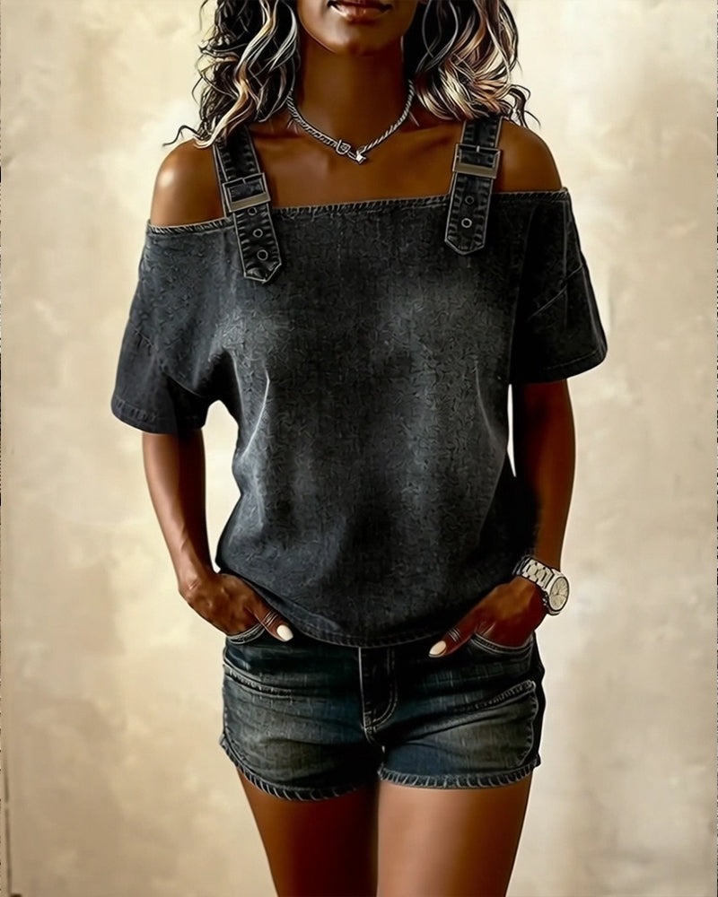 Abril | Blusa con hombros descubiertos y tirantes de denim
