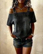 Abril | Blusa con hombros descubiertos y tirantes de denim