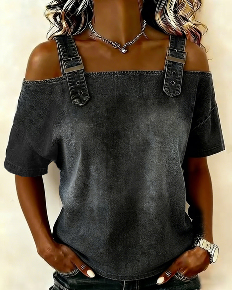 Abril | Blusa con hombros descubiertos y tirantes de denim