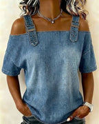 Abril | Blusa con hombros descubiertos y tirantes de denim