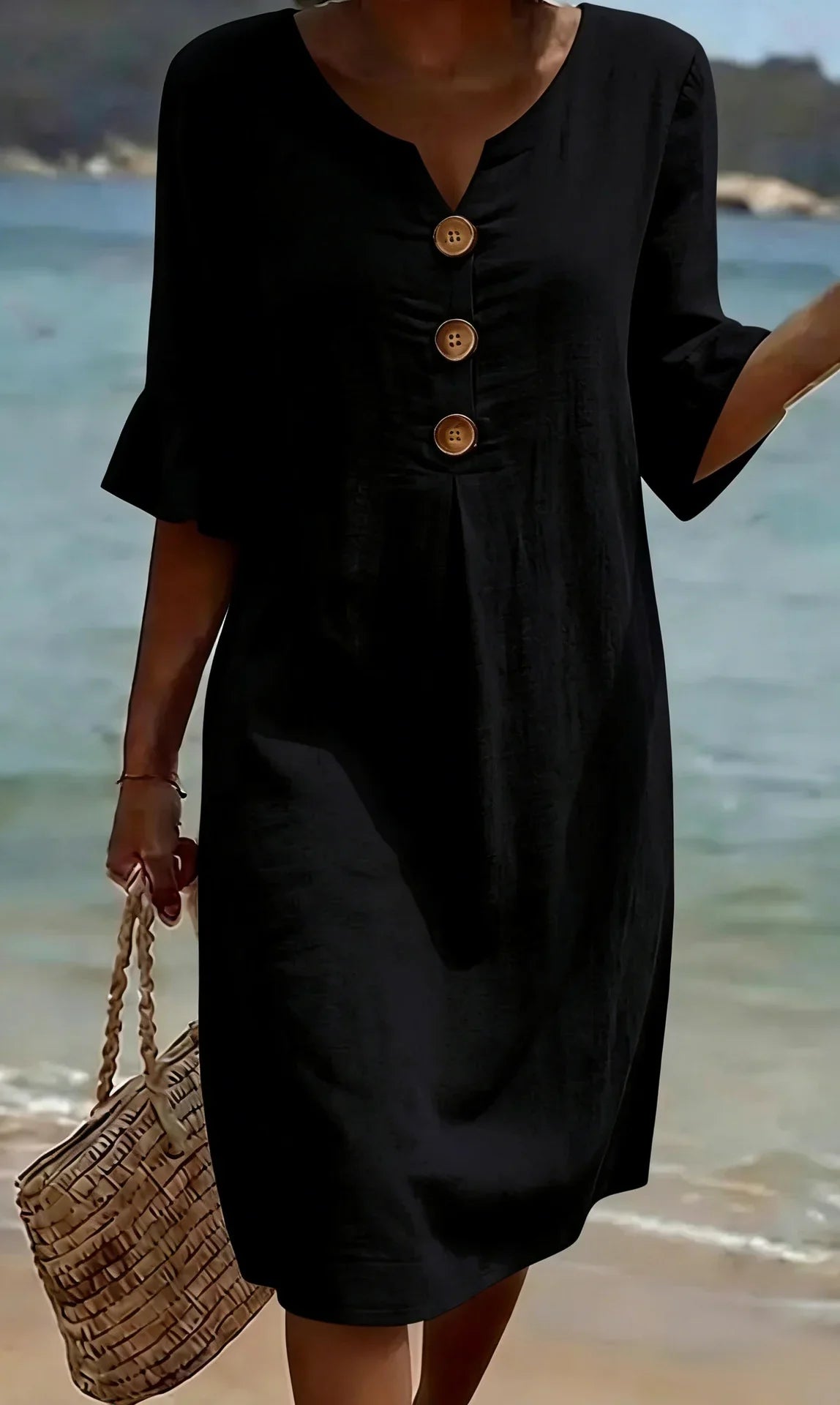Bárbara | Vestido con textura de lino, manga abullonada y botones