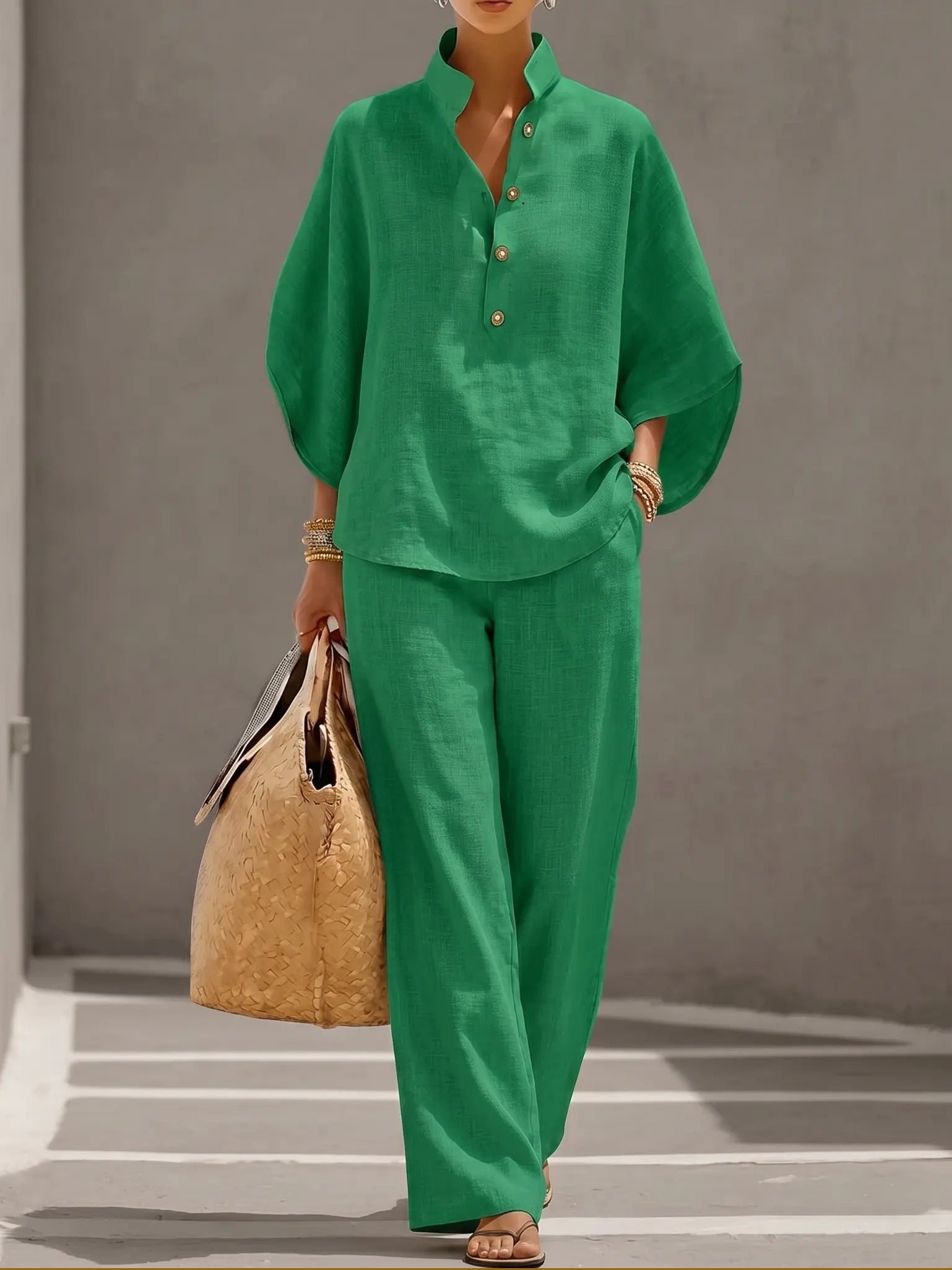 Rosalía | Conjunto de lino con mangas murciélago y pantalón ancho
