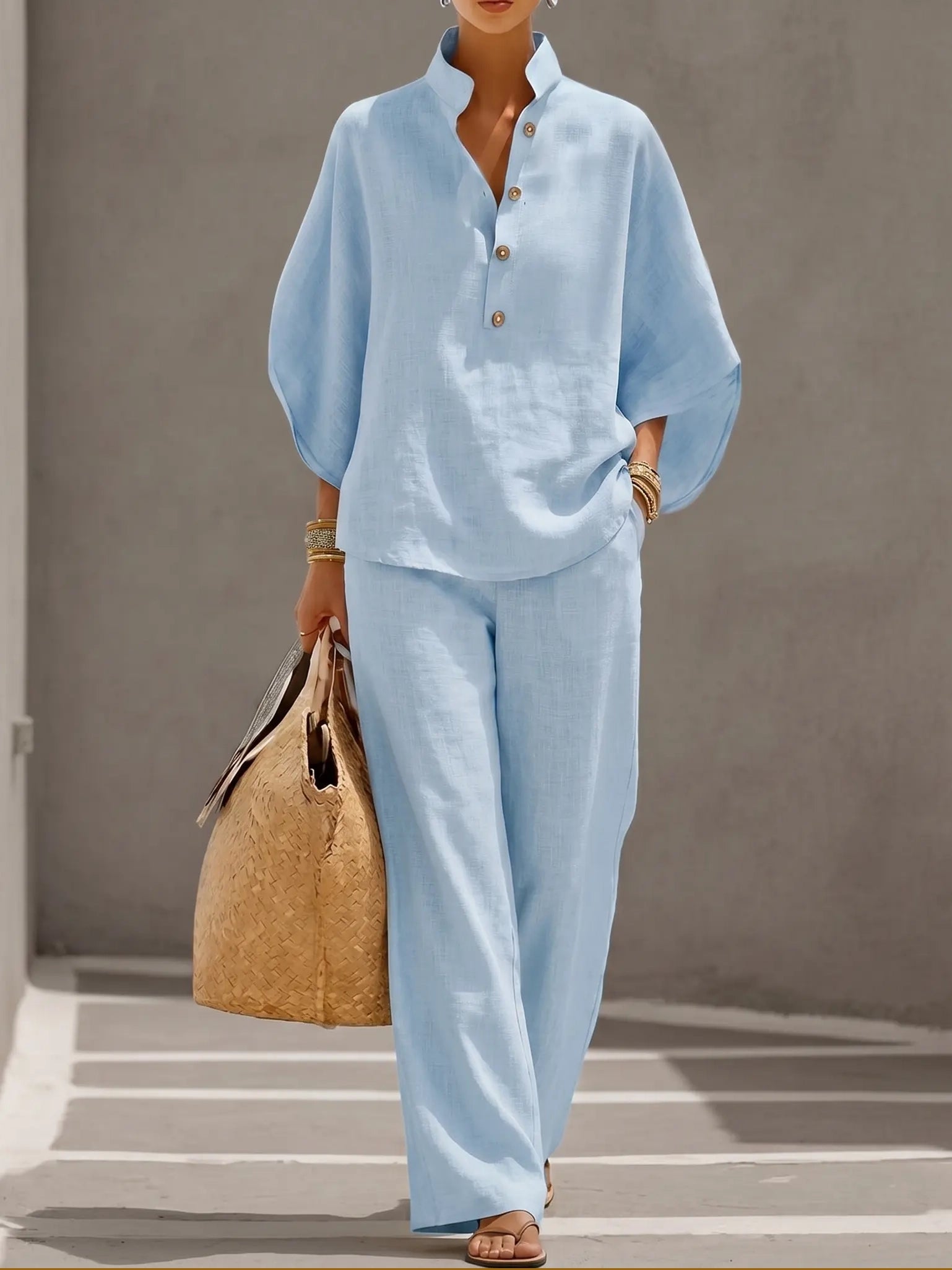Rosalía | Conjunto de lino con mangas murciélago y pantalón ancho