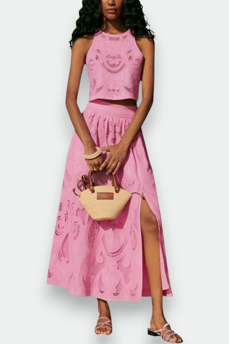 Tamara | Conjunto Rosa con Top y Falda Calada